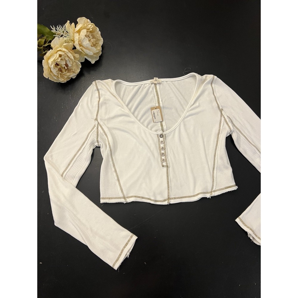 POL Boutique NWT Cream Ribbed & Waffle Knit Cropped Henley Long Sleeve Top Sz L